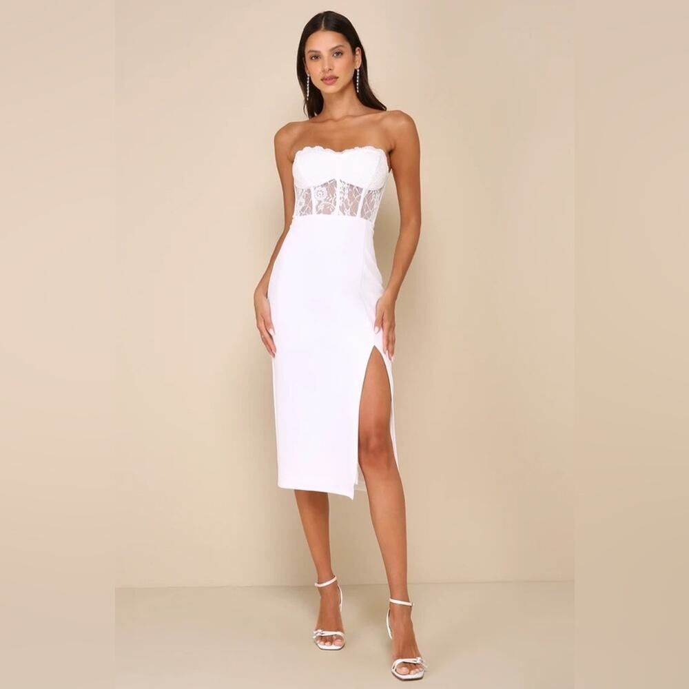 Lulus Exquisitely Sultry White Lace Strapless Bustier Midi Dress MEDIUM